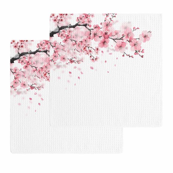 Pink Floral Cherry Flower Kitchen Dish Towels for Drying Dishes Set of 2, Abstract Botanical Branch Waffle Weave Microfiber Hand Tea Bathroom Towels Quick Dry & Absorbent Towel 12x12