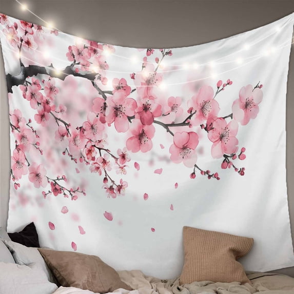 Pink Floral Cherry Flower Large Tapestry for Bedroom Wall Hanging Tapestry, Abstract Botanical Branch Ceiling Backdrop Tapestries Poster Blanket Wall Decor for Teens Room Living Room Dorm 85" x 90"