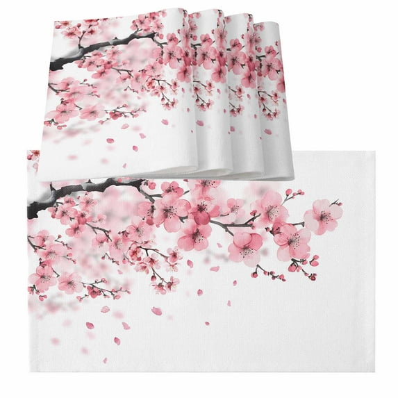 Pink Floral Cherry Flower Placemats for Dinning Table Set of 4, Abstract Botanical Branch Burlap Kitchen Place Mats Waterproof Cloth Table Mats, Indoor Outdoor Placemats Easy Clean Dinner Decor