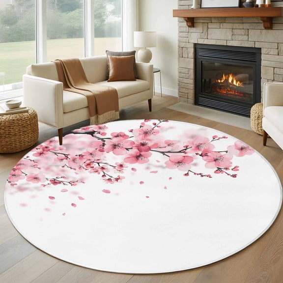 Pink Floral Cherry Flower Round Area Rug 5 FT, Non Slip Bedroom Area Rug, Abstract Botanical Branch Washable Soft Circular Carpet Non-Shedding Floor Mat for Kitchen Dining Room Foyer Balcony Dorm