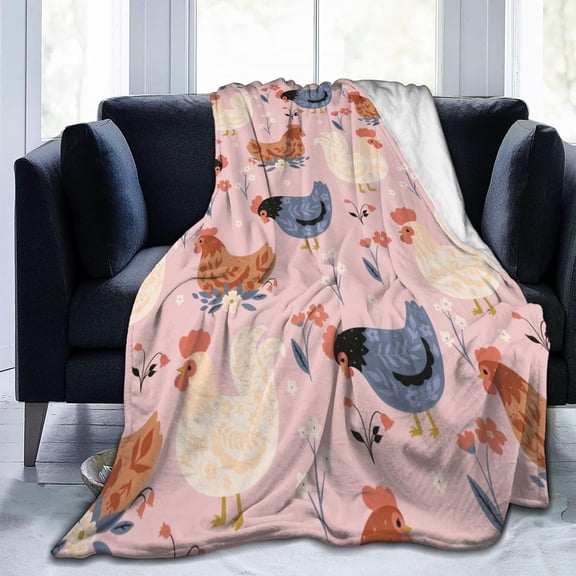 Pink Floral Chicken Blanket, Soft Warm Bed Bedding Throw Blankets for Couch Bedroom Sofa Office, All Season Cozy Flannel Plush Blanket Gifts for Adults, 60"X50"
