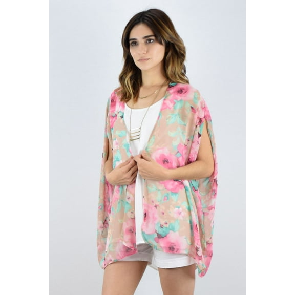 Pink Floral Chiffon Kimono Sleeveless Cardigan
