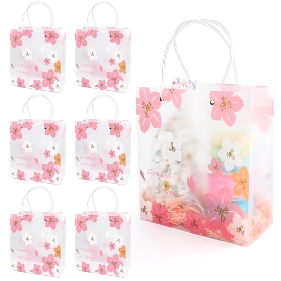Pink Floral Clear Reusable Plastic Gift Bags with Handle, 20 Pack, 8.7 x 3.9 x 9.5 Inch