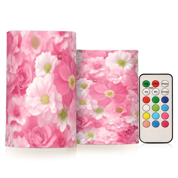 Pink Floral Cluster Flickering Flameless Candles Battery Operated with Remote Timer LED Pillar Candles Set of 2
