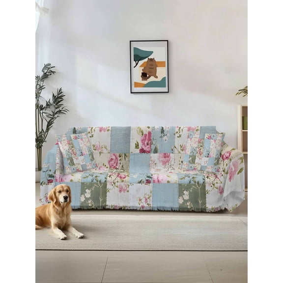 Pink Floral Couch Cover, Farmhouse Vintage Plant Blue White Patchwork Sofa Cover Blanket for 2 Seat Cushion,Sectional Sofa Slipcover Furniture Protector for Living Room Bedroom 71''x102''