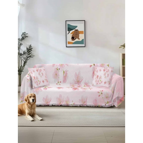 Pink Floral Couch Cover, Modern Farmhouse Aesthetic Shabby Chic Flower Oversized Sofa Cover Blanket for 3 Cushion Couch,Sectional Sofa Slipcover Furniture Protector for Living Room Bedroom 71''x150''