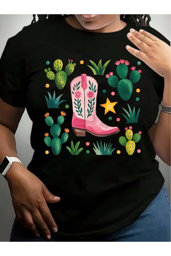 Pink Floral Cowboy Boot Cactus Print Women Casual Short Sleeve Graphic Tee