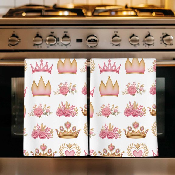Pink Floral Crown Kitchen Towels Set of 1, Spring Floral Roses Elegant Farmhouse Absorbent Dish Towels for Kitchen, Microfiber Hand Towel, Quick Drying Tea Towel for Cleaning Decorative Dishcloths