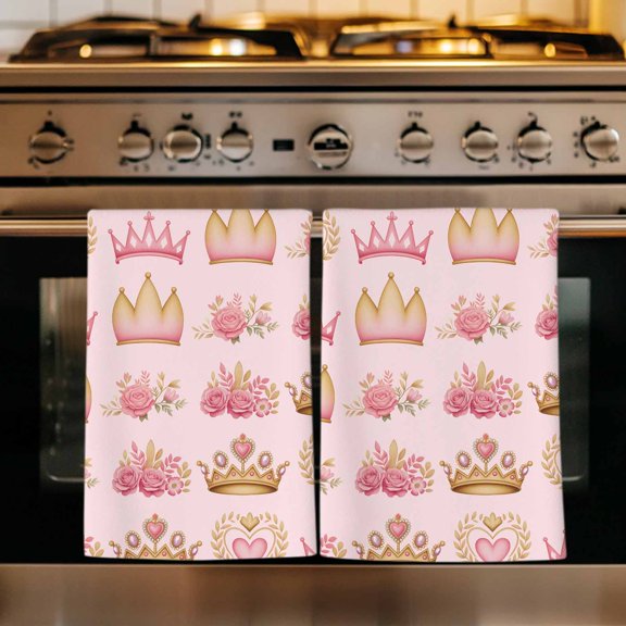 Pink Floral Crown Kitchen Towels Set of 1, Spring Floral Roses Elegant Pastoral Absorbent Dish Towels for Kitchen, Microfiber Hand Towel, Quick Drying Tea Towel for Cleaning Decorative Dishcloths