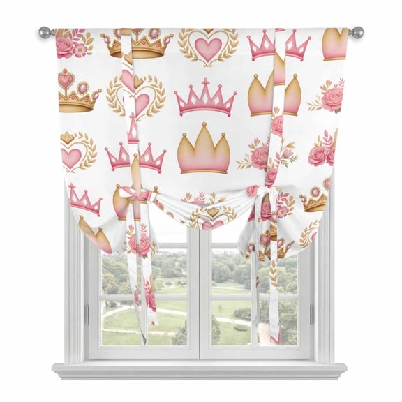Pink Floral Crown Tie Up Curtains for Window, Thermal Insulated Balloon Shade Adjustable Rod Pocket Curtains Valance Panels for Kitchen Bathroom Cafe 34 x 45 Spring Floral Roses Elegant Farmhouse