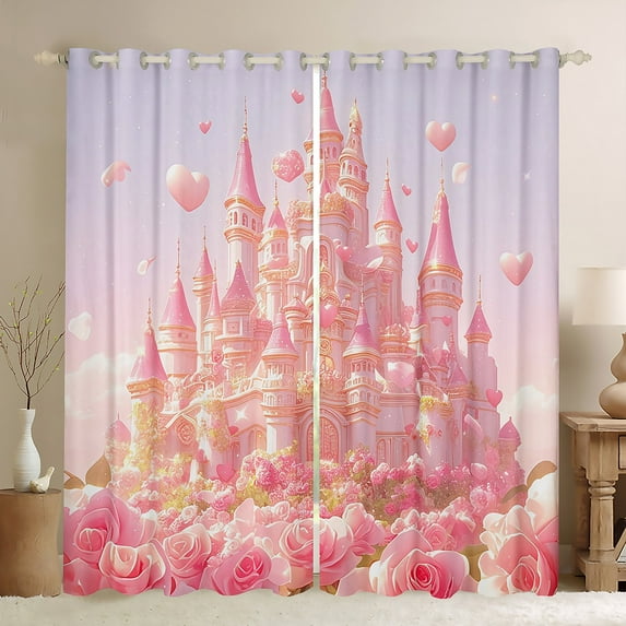 Pink Floral Curtains Cute Castle 30%-50% Blackout Curtains Kawaii Cartoon Castle Bedroom Curtains Princess Themed Decor Window Curtains Pink Romantic Themed Curtains,84"Wx90"L