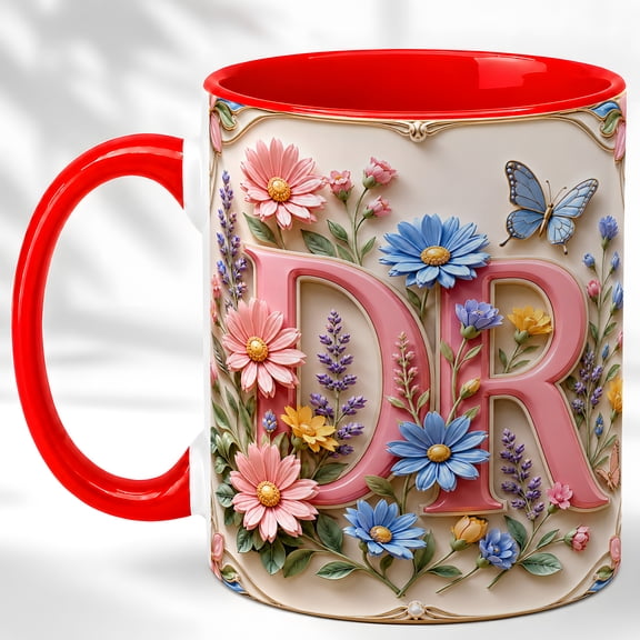 Pink Floral DR Initials Coffee Mug, Butterfly Monogram Mug, Ceramic 11 oz