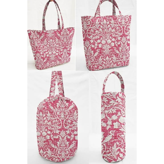 Pink Floral Damask Reusable Fabric Gift Bags and/or Bags by Penny's Needful Things (Drawstring Tote)