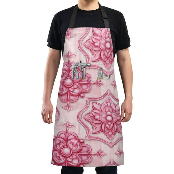 Pink Floral Design Decoration Chef Kitchen Apron with Pockets for Women Waterproof Aprons for Cooking Baking