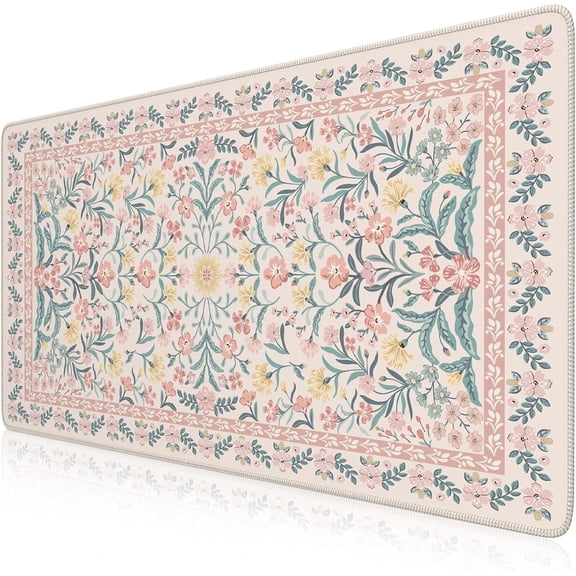 Pink Floral Desk Mat, Desk Pad, XXL Large Mouse Pad, Anti-Slip Big Mousepad with Stitched Edges, Computer Mouse Pads for Desktop Decor, Cute Office Desk Accessories for Women(Pink)