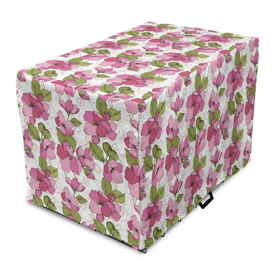 Pink Floral Dog Crate Cover, Blooming Flowers on Abstract Geometric Shapes, Easy to Use Pet Kennel Cover Small Dogs Puppies Kittens, 7 Sizes, Pale Olive Green Pink, by Ambesonne