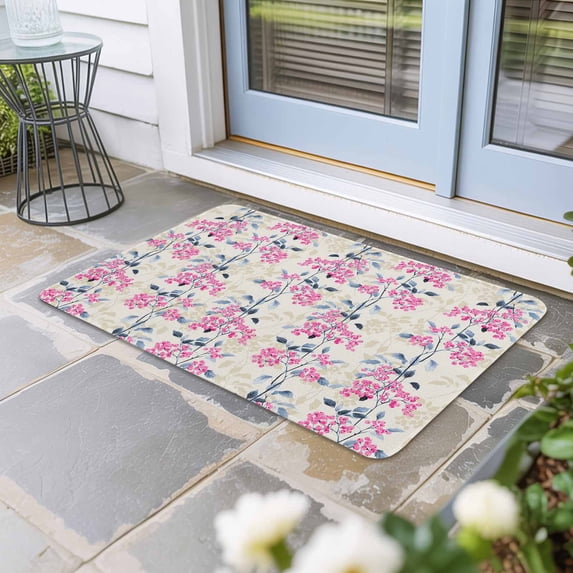 Pink Floral Door Mat Indoor Outdoor, Spring Rustic Botanical Flowers Herbs Non Slip Welcome Mat with Rubber Backing, Absorbent Fabric Front Door Mats Entryway Rug for Home Patio Entrance 16"x24"