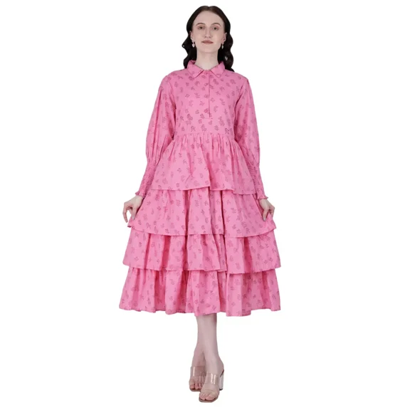 Pink Floral Dress Women Printed Long Sleeve Cotton New Summer Frock dress Shirts