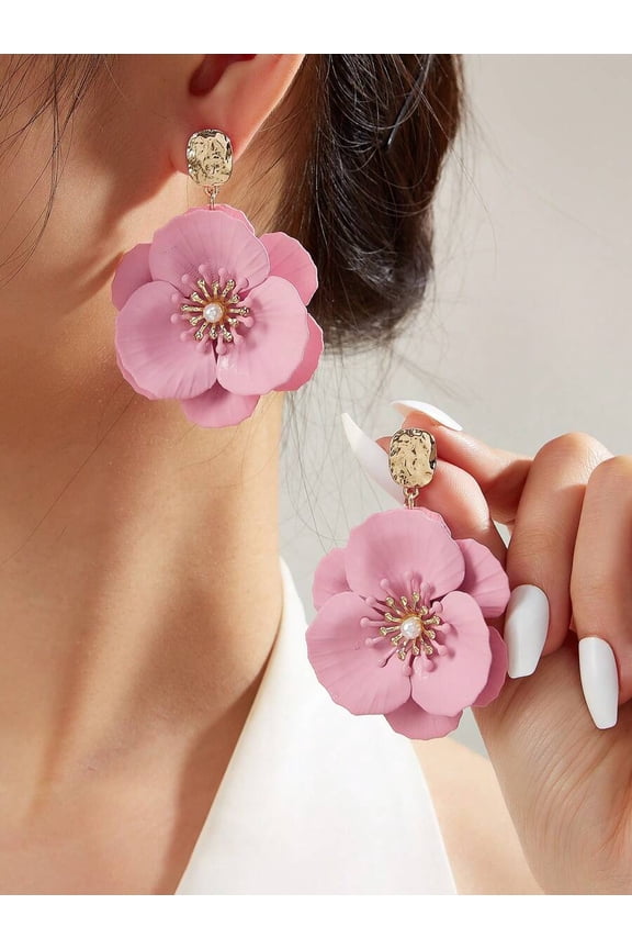 Pink Floral Drop Earrings With Pearl Center And Goldtone Stud