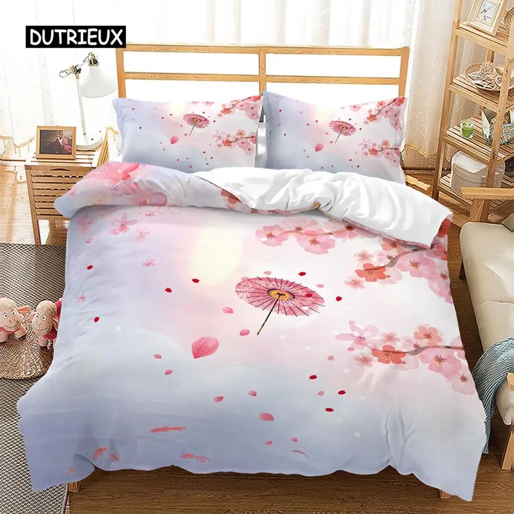 Pink Floral Duvet Cover Japanese Cherry Blossoms Japanese Style Theme Bedding Set Spring