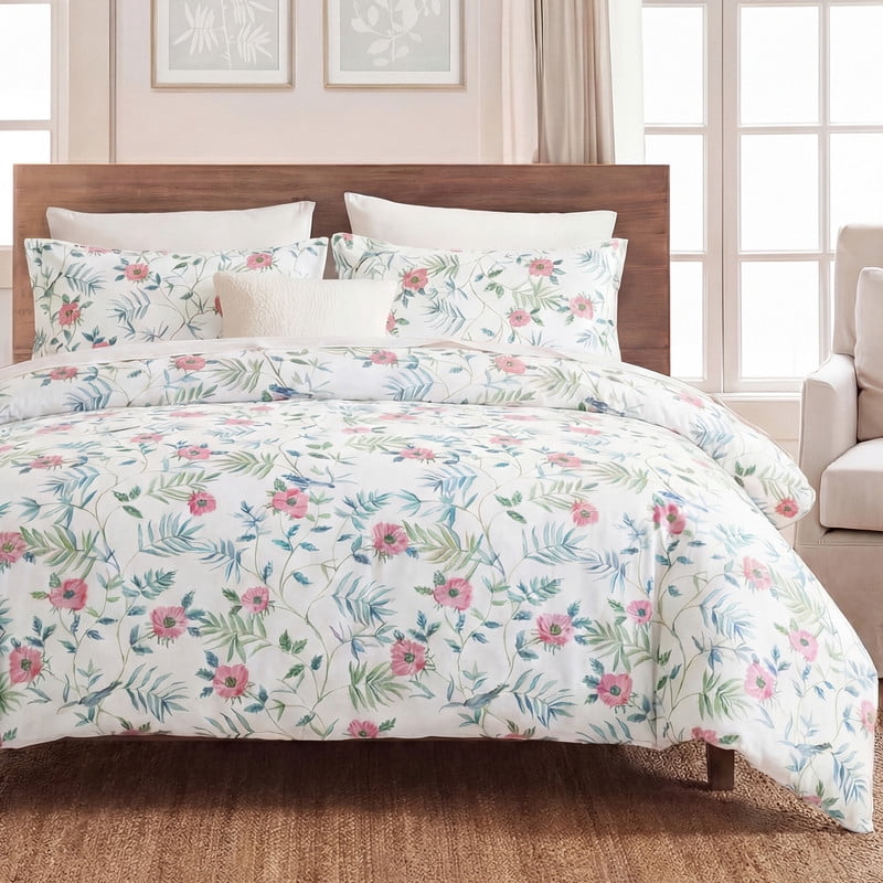 Pink Floral Duvet Cover King Size, 100% Cotton Duvet Cover Set with Zipper Closure & Corner Ties, Soft Breathable Branches Floral Bedding Set for All Seasons