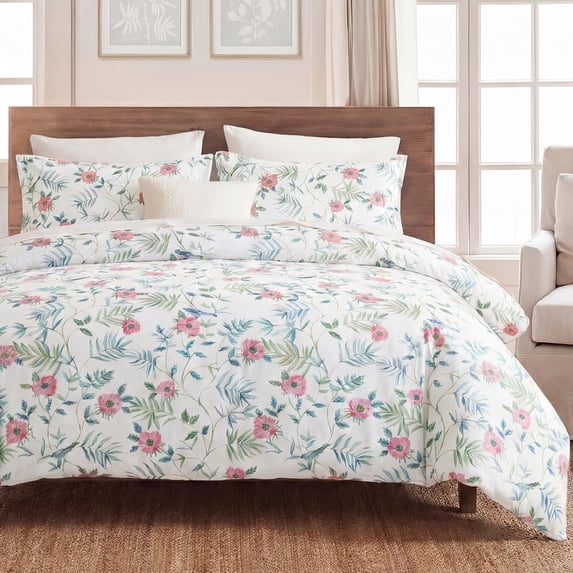 Pink Floral Duvet Cover King Size, 100% Cotton Duvet Cover Set with Zipper Closure & Corner Ties, Soft Breathable Branches Floral Bedding Set for All Seasons