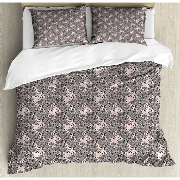 Pink Floral Duvet Cover Set, Creative Bindweed Pattern with Outline Repeating Petals, Decorative 3 Piece Bedding Set with 2 Pillow Shams, Calking Size, Blush Champagne, by Ambesonne
