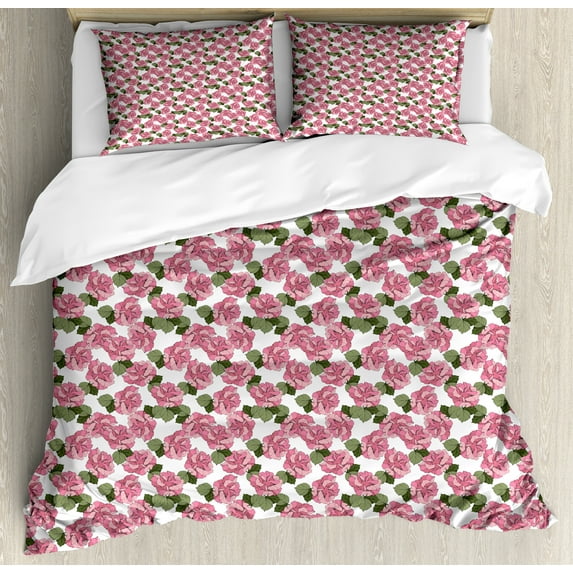 Pink Floral Duvet Cover Set, Digitally Generated Pattern with Continuous Wild Spring Peonies, Decorative 3 Piece Bedding Set with 2 Pillow Shams, King Size, Pale Pink Olive Green, by Ambesonne