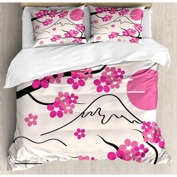 Pink Floral Duvet Cover Set, Japanese Abstract Arty of Cherry Blossom and Mount Hill with Sun, Decorative 3 Piece Bedding Set with 2 Pillow Shams, Calking Size, Off White Pink, by Ambesonne