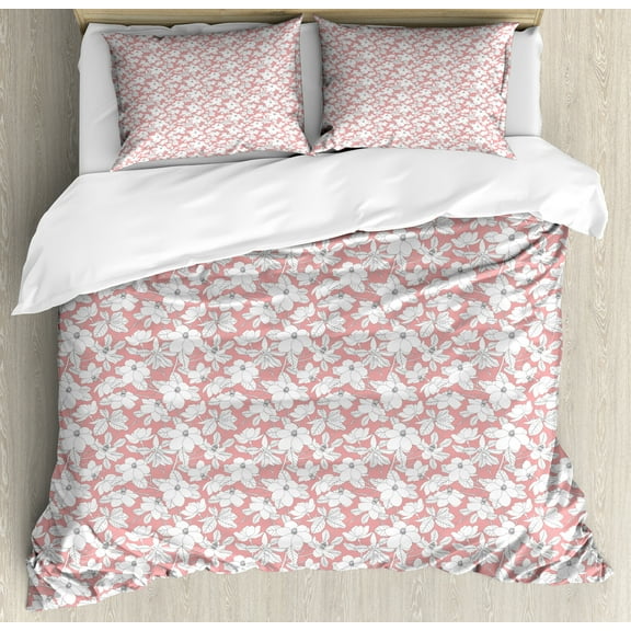 Pink Floral Duvet Cover Set, Spring Pattern with Magnolia Flowers and Leaves, Decorative 3 Piece Bedding Set with 2 Pillow Shams, Queen Size, Pink Grey, by Ambesonne