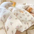Pink Floral Duvet Cover Set Washed Cotton Flower Cute Rabbit Printed