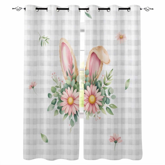 Pink Floral Easter Black Out Curtains 63 Inch Long, Room Darkening Draperies Curtains Panels, Spring Flowers Grey Checkered Thermal Insulated Curtain for Bedroom Living Room 52"x63" 2 Panels