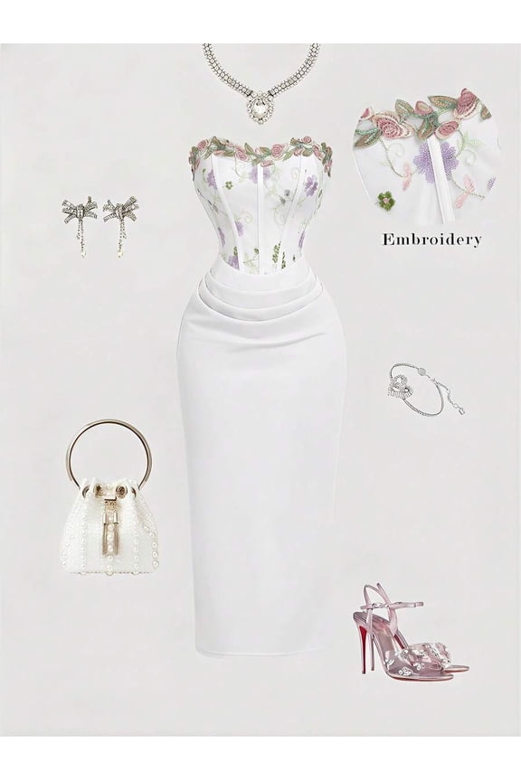 Pink Floral Embroidered Strapless Midi Dress With Ruched Waist And Sheath Silhouette
