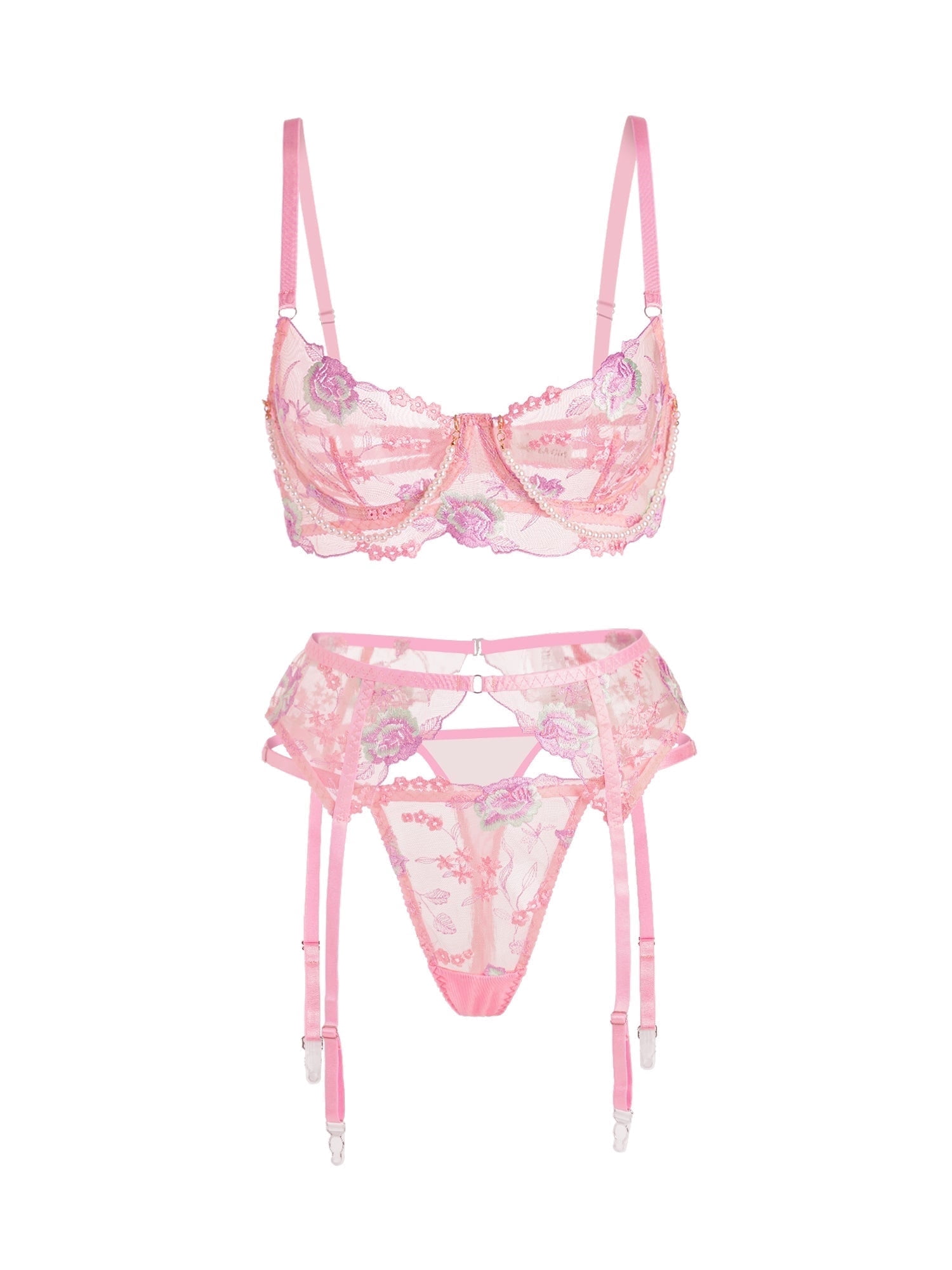 Pink Floral Embroidery Pearl Chain Lingerie Set (PINK, M)