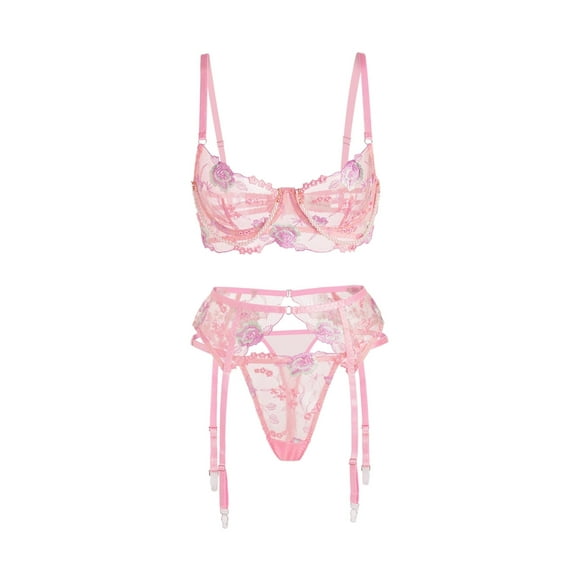 Pink Floral Embroidery Pearl Chain Lingerie Set (PINK, S)