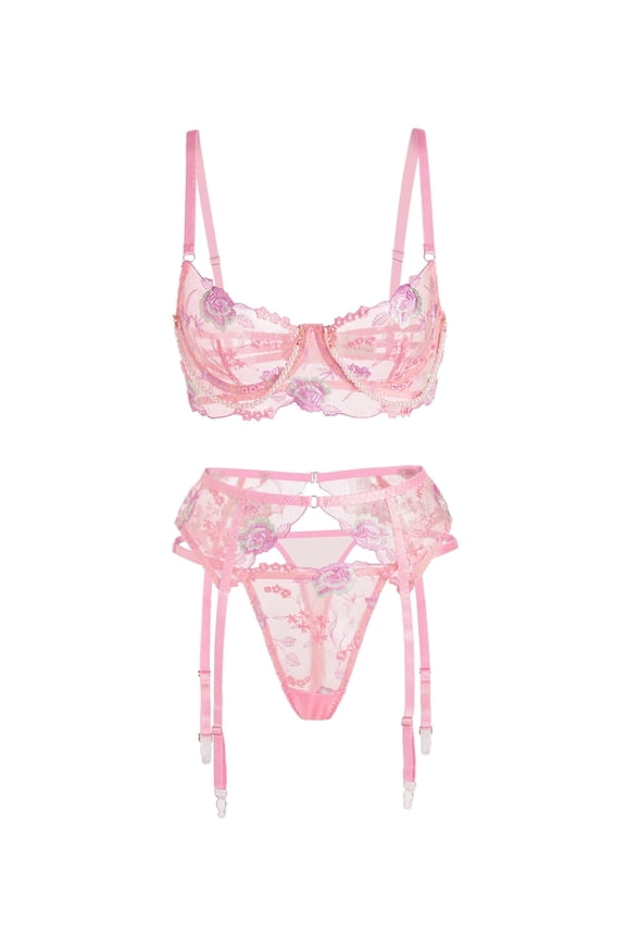 Pink Floral Embroidery Pearl Chain Lingerie Set (PINK, S)