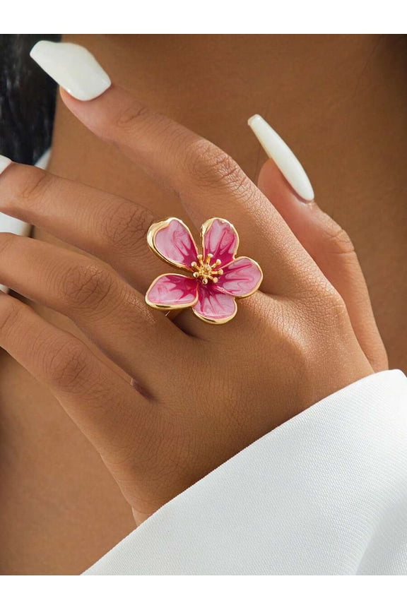 Pink Floral Enamel Ring With Gold-Tone Setting For Women