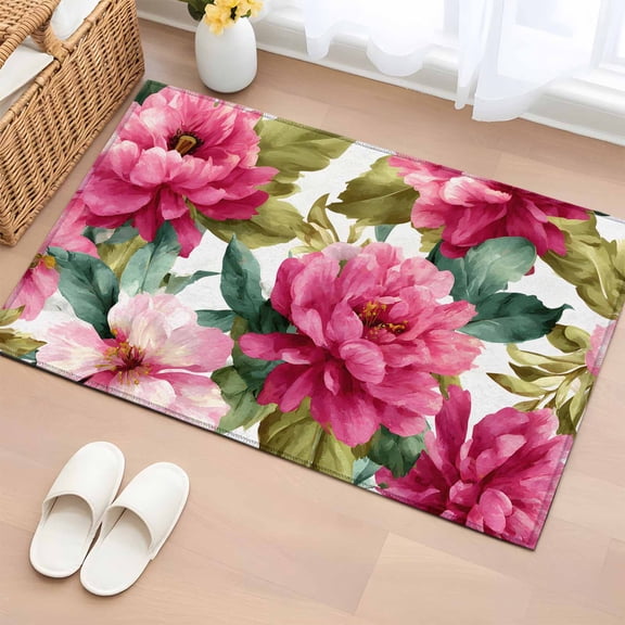 Pink Floral Entryway Rug 2'x3'&nbsp; Non Slip Front Door Mats, Watercolor Flowers Leaves Plants Watercolor Entrance Rugs Indoor Outdoor Carpet, Washable Floor Mats Small Area Rug for Bedroom Kitchen