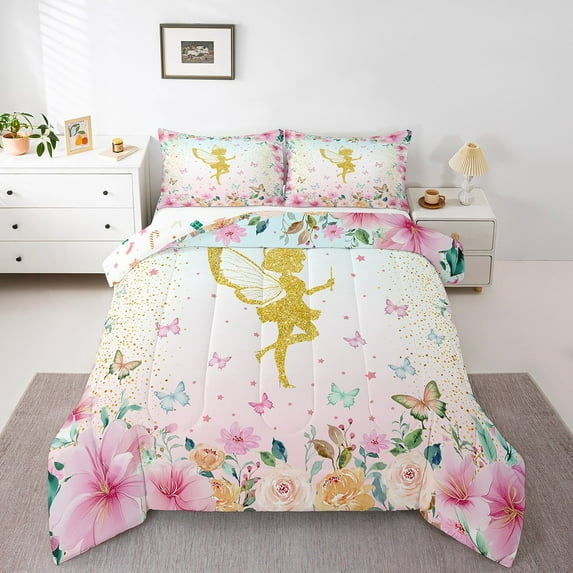 Pink Floral Fairy Bedding Set Full Size,Butterfly Fairy Comforter Set Room Decor,Cute Rainbow Flower Quilt Bed Set Sweet Princess Bed Comforter Sets with 2 Pillowcases