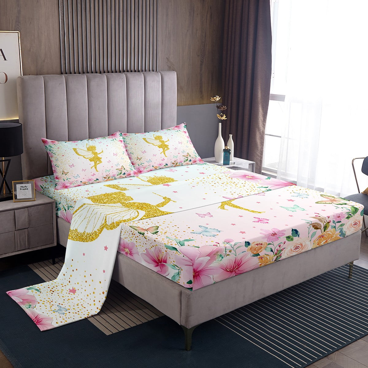 Pink Floral Fairy Bedding Set Queen Size,Butterfly Fairy Bed Sheets Set ...