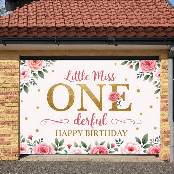 Pink Floral First Birthday Banner Golden Glitter ONE Birthday Backdrop Rose Border Gold Dots Floral Birthday Background for 1st Birthday Party Girl's Birthday Kids Party