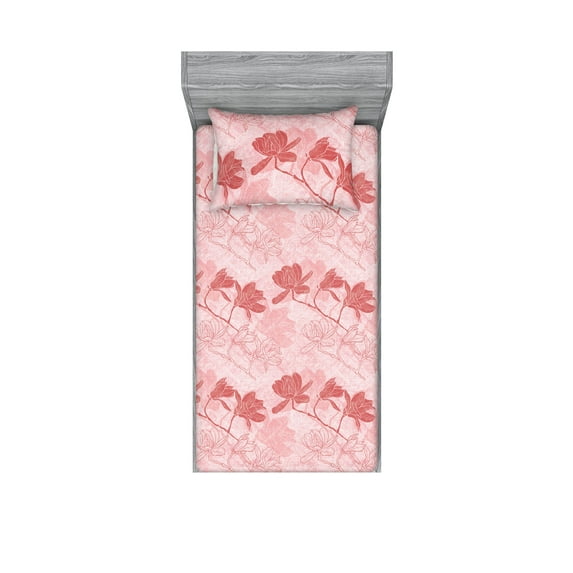 Pink Floral Fitted Sheet & Pillow Sham Set, Romantic Soft Dreamy Colors Monochrome Magnolia Flowers Spring Aura, Decorative Printed 2 Piece Bedding Decor, Twinxl, Pale Ruby Rose Blush, by Ambesonne