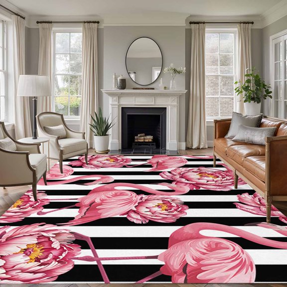 Pink Floral Flamingos 8'x10' Large Area Rug for Living Room Sectional Sofa, Black Stripes Washable Non Slip Low Pile Rectangle Area Rug