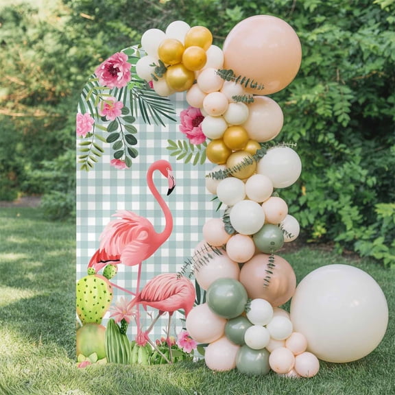 Pink Floral Flamingos Arch Backdrop Cover 4 FT, Summer Tropical Cactus Green Plaid Wedding Arch Cover Stretchy Backdrop Stands Covers for Birthday Party Ceremony Banquet Decor