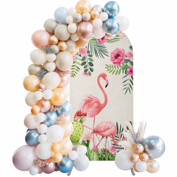 Pink Floral Flamingos Arch Backdrop Cover 4 FT Summer Tropical Cactus Linen Retro Stretchy Elastic Arch Stand Covers Spandex Arched Background Birthday Wedding Party Decoration (No Stand)