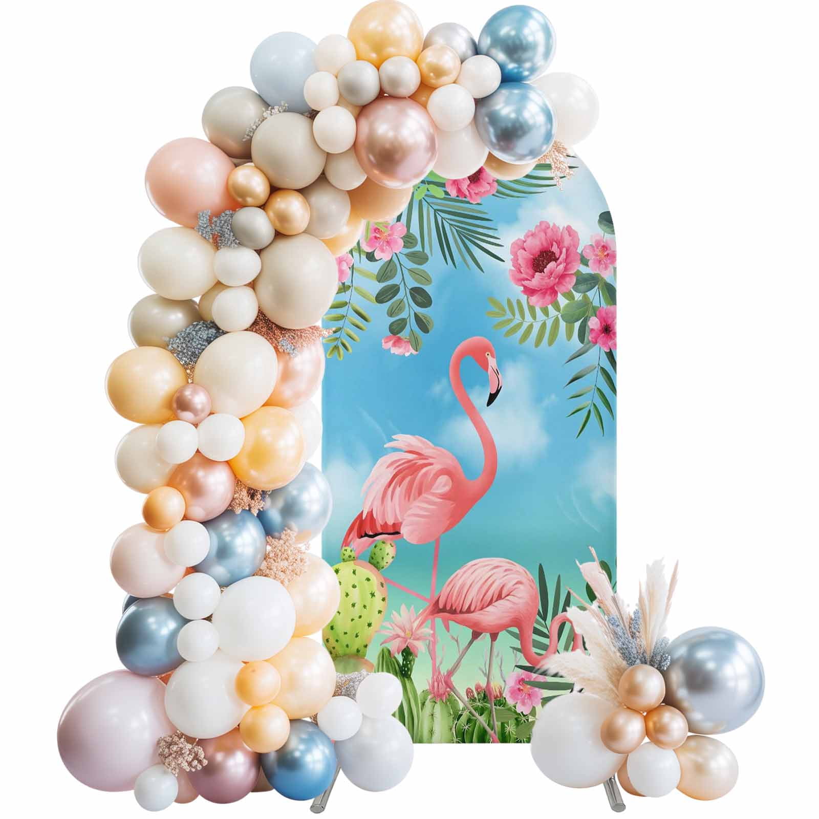 Pink Floral Flamingos Arch Backdrop Cover 4 FT Summer Tropical Cactus Sky Stretchy Elastic Arch Stand Covers Spandex Arched Background Birthday Wedding Party Decoration (No Stand)