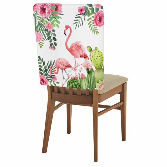 Pink Floral Flamingos Chair Covers Set of 1 Summer Watercolor Tropical Cactus Chair Back Covers Stretch Removable Washable Slipcovers Protector for Dining Room Kitchen Party Decor