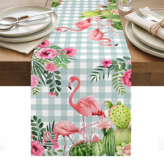 Pink Floral Flamingos Cotton Linen Table Runner Summer Tropical Cactus Green Plaid Dining Table Runners for Home Decor Party Dining Room Restaurant Kitchen Party 13" x 90"