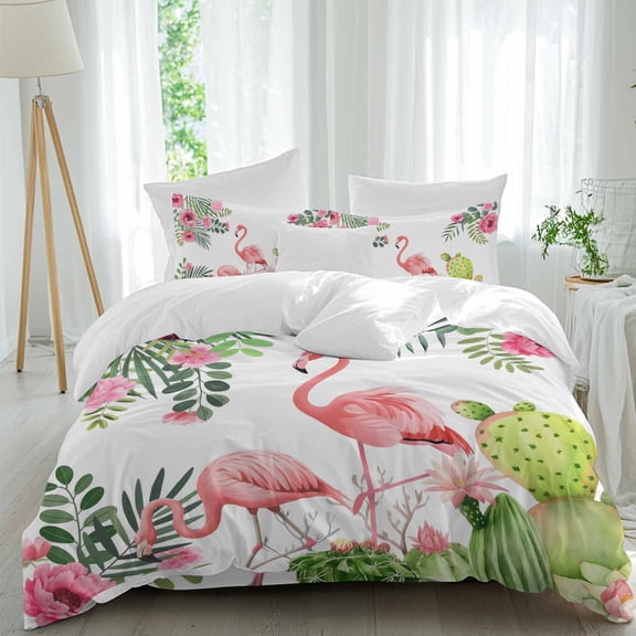 Pink Floral Flamingos Full Size Comforter Set, Summer Watercolor Tropical Cactus Bedding for All Seasons, 4 Pcs Bed Set, 1Quiltcover (86"x86") ,1Sheet(80"x116"), 2Pillowcases (30"x20")