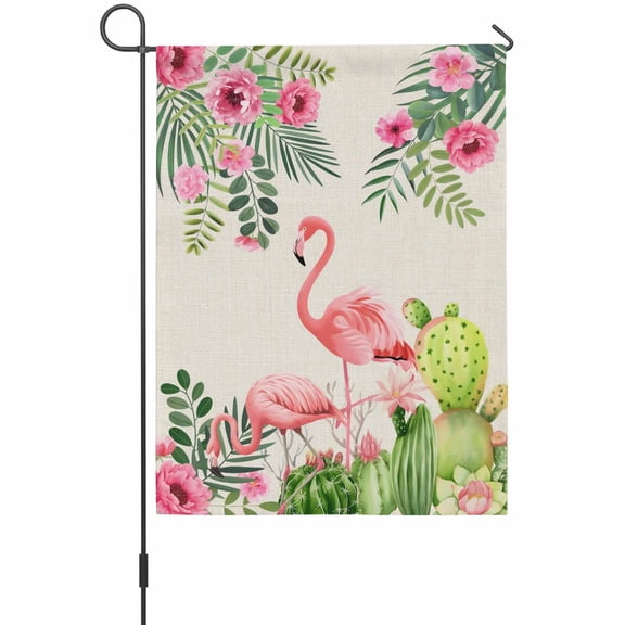 Pink Floral Flamingos Garden Flag 12 x 18 Inches, Summer Tropical Cactus Linen Retro Weather Proof Outdoor Patio Flags Double Sided Small Garden Decoration for Yard Outside Home